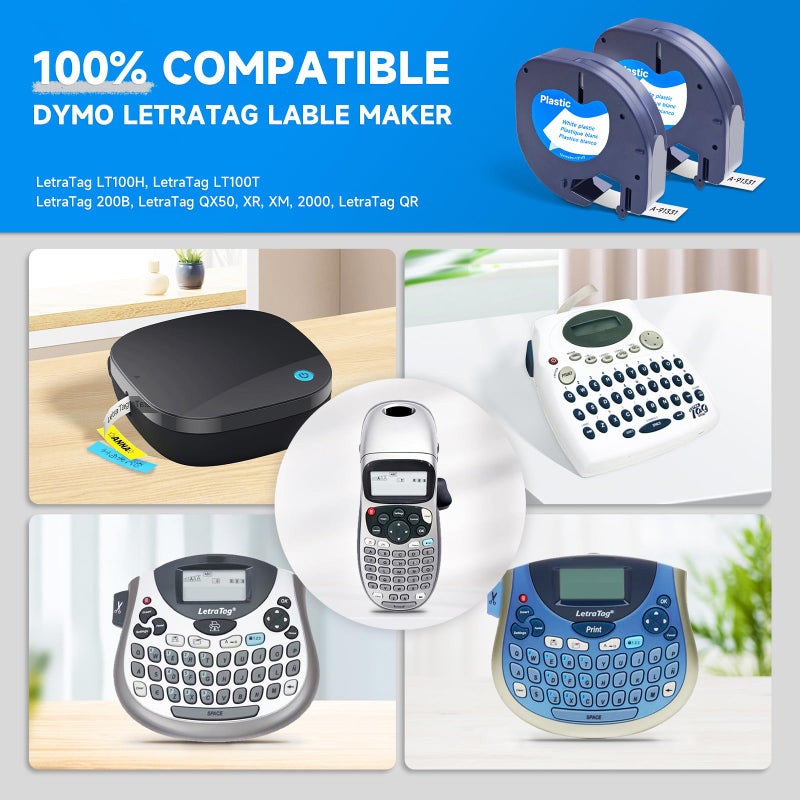 Label Orison Compatible with DYMO LetraTag Refills 91331 Plastic Label Tape Label Maker Refills for LT-100H LT-100T QX50,1/2 Inch X 13Feet (12mmx4m), Black on White, 2Pack - Image 2